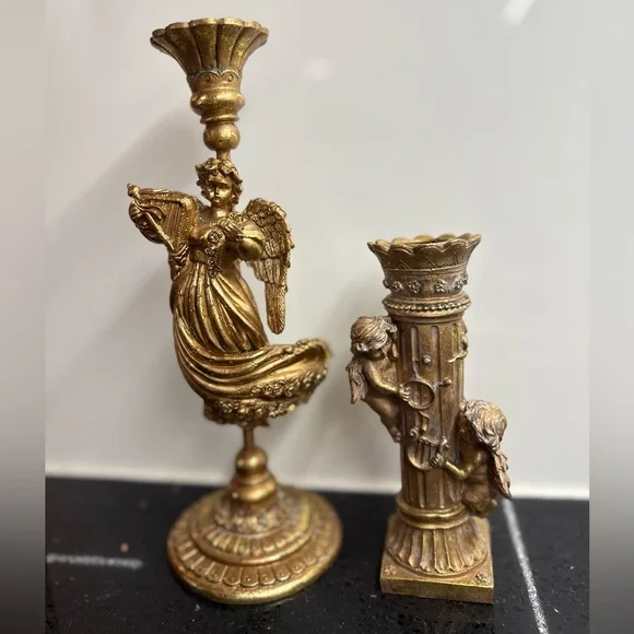 Vintage Inspired Baroque Angel‎ & Cherub Candlestick Holders Set Gilt Gold - Picture 17 of 17